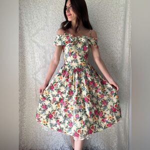 Vintage 80s All That Jazz Drop Waist Floral Dress Corset Style & Lace Ruffle